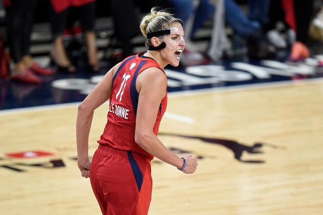 WASHINGTON, DC - OCTOBER 10:  Elena Delle Donne #11 of the Washington Mystics celebrates during Game 5 of the 2019 WNBA Finals against the Connecticut Sun at St Elizabeths East Entertainment & Sports Arena on October 10, 2019 in Washington, DC.  (Photo by G Fiume/Getty Images)
