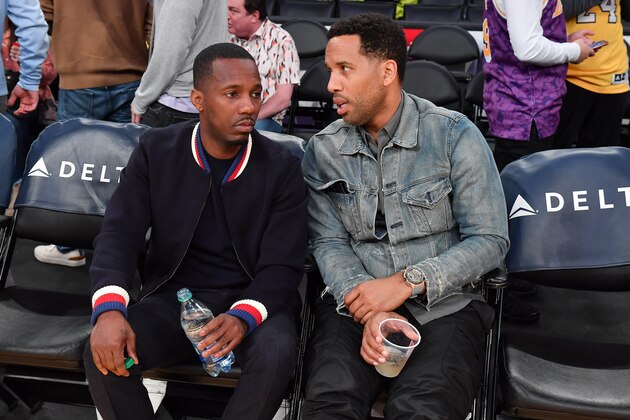 LOS ANGELES, CALIFORNIA - FEBRUARY 10: Rich Paul (L) and Maverick Carter attend a basketball game between the Los Angeles Lakers and Phoenix Suns at Staples Center on February 10, 2020 in Los Angeles, California. (Photo by Allen Berezovsky/Getty Images)
