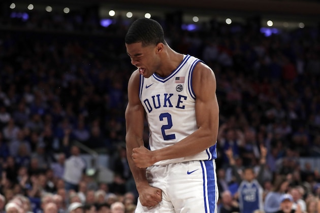 Duke guard Cassius Stanley (2) reacts during the second half of an NCAA college basketball game against Kansas on Tuesday, Nov. 5, 2019, in New York. (AP Photo/Adam Hunger)