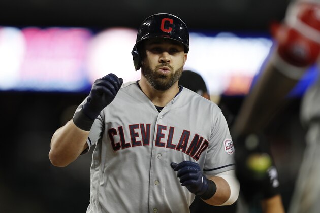 Cleveland Indians' Jason Kipnis arrives a home plate after a solo home run during the ninth inning of a baseball game against the Detroit Tigers, Wednesday, Aug. 28, 2019, in Detroit. (AP Photo/Carlos Osorio)