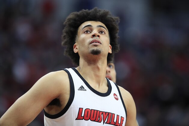 LOUISVILLE, KENTUCKY - JANUARY 22: Jordan Nwora #33 of the Louisville Cardinals watches the action against the Georgia Tech Yellow Jackets at KFC YUM! Center on January 22, 2020 in Louisville, Kentucky. (Photo by Andy Lyons/Getty Images)