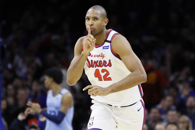 Philadelphia 76ers' Al Horford reacts after making a 3-pointer during the second half of the team's NBA basketball game against the Memphis Grizzlies, Friday, Feb. 7, 2020, in Philadelphia. (AP Photo/Matt Slocum)