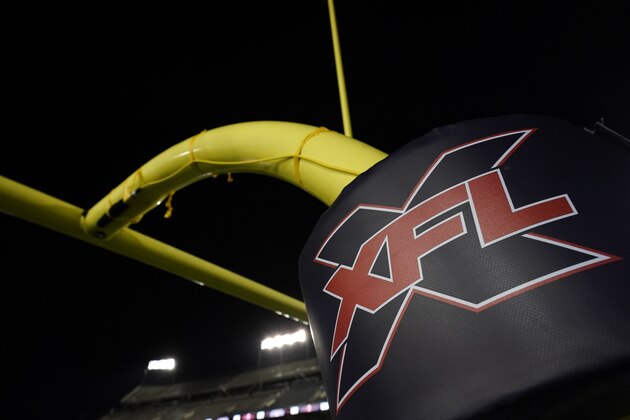 The XFL logo is on a goal post pad after an XFL football game, Saturday, Feb. 8, 2020, in Houston. (AP Photo/Matt Patterson)