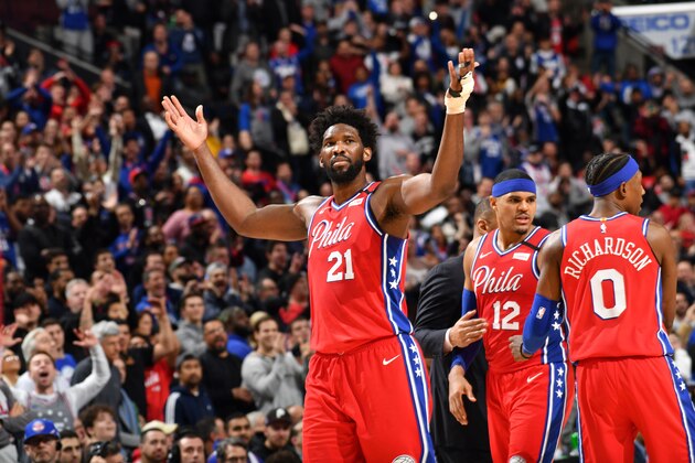 PHILADELPHIA, PA - FEBRUARY 11: Joel Embiid #21 of the Philadelphia 76ers reacts during a game against the LA Clippers on February 11, 2020 at the Wells Fargo Center in Philadelphia, Pennsylvania NOTE TO USER: User expressly acknowledges and agrees that, by downloading and/or using this Photograph, user is consenting to the terms and conditions of the Getty Images License Agreement. Mandatory Copyright Notice: Copyright 2020 NBAE (Photo by Jesse D. Garrabrant/NBAE via Getty Images)
