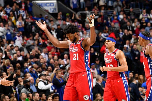 PHILADELPHIA, PA - FEBRUARY 11: Joel Embiid #21 of the Philadelphia 76ers reacts during a game against the LA Clippers on February 11, 2020 at the Wells Fargo Center in Philadelphia, Pennsylvania NOTE TO USER: User expressly acknowledges and agrees that, by downloading and/or using this Photograph, user is consenting to the terms and conditions of the Getty Images License Agreement. Mandatory Copyright Notice: Copyright 2020 NBAE (Photo by Jesse D. Garrabrant/NBAE via Getty Images)