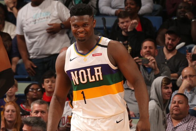 NEW ORLEANS, LA - FEBRUARY 11: Zion Williamson #1 of the New Orleans Pelicans smiles during the game against the Portland Trail Blazers on February 11, 2020 at the Smoothie King Center in New Orleans, Louisiana. NOTE TO USER: User expressly acknowledges and agrees that, by downloading and or using this Photograph, user is consenting to the terms and conditions of the Getty Images License Agreement. Mandatory Copyright Notice: Copyright 2020 NBAE (Photo by Layne Murdoch Jr./NBAE via Getty Images)
