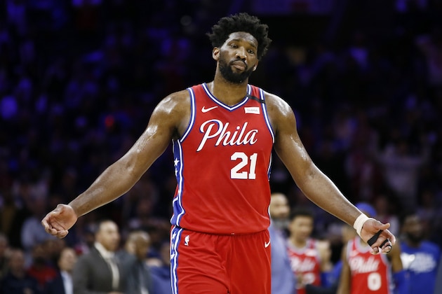 Philadelphia 76ers' Joel Embiid reacts after getting called for a double-technical foul with Los Angeles Clippers' Marcus Morris Sr. during the second half of an NBA basketball game, Tuesday, Feb. 11, 2020, in Philadelphia. (AP Photo/Matt Slocum)