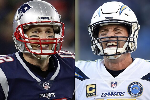 FILE - At left, in a Dec. 2, 2018, file photo, New England Patriots quarterback Tom Brady smiles after a touchdown during an NFL football game against the Minnesota Vikings, in Foxborough, Mass. At right, in a Jan. 6, 2019, file photo, Los Angeles Chargers quarterback Philip Rivers walks on the field in the second half of an NFL wild card playoff football game against the Baltimore Ravens, in Baltimore. The Chargers and Patriots meet in a divisional playoff game on Sunday, Jan. 13, 2019. (AP Photo/File)