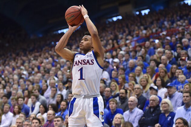 LAWRENCE, KANSAS - FEBUARY 1: Devon Dotson #1 of the Kansas Jayhawks shoots against the Texas Tech Red Raiders  at Allen Fieldhouse on February 1, 2020 in Lawrence, Kansas. (Photo by Ed Zurga/Getty Images)