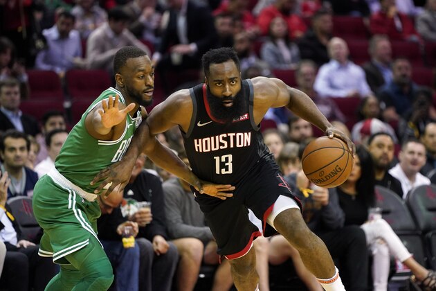 Houston Rockets' James Harden (13) drives toward the basket as Boston Celtics' Kemba Walker defends during the first half of an NBA basketball game Tuesday, Feb. 11, 2020, in Houston. (AP Photo/David J. Phillip) Houston Rockets' James Harden (13) drives toward the basket as Boston Celtics' Kemba Walker defends during the first half of an NBA basketball game Tuesday, Feb. 11, 2020, in Houston. (AP Photo/David J. Phillip)