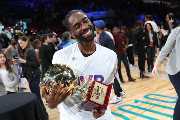 CHARLOTTE, NC - FEBRUARY 15: Famous Los #32 holds the MVP trophy after the 2019 NBA All-Star Celebrity Game on February 15, 2019 at Bojangles Coliseum in Charlotte, North Carolina. NOTE TO USER: User expressly acknowledges and agrees that, by downloading and or using this photograph, User is consenting to the terms and conditions of the Getty Images License Agreement. Mandatory Copyright Notice: Copyright 2019 NBAE (Photo by Joe Murphy/NBAE via Getty Images)