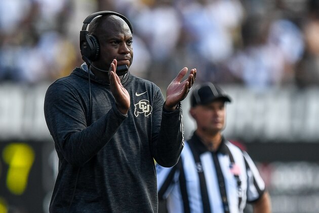BOULDER, CO - SEPTEMBER 7:  Head coach Mel Tucker of the Colorado Buffaloes works during a timeout during a game against the Nebraska Cornhuskers at Folsom Field on September 7, 2019 in Boulder, Colorado.  (Photo by Dustin Bradford/Getty Images)