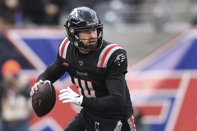 New York Guardians quarterback Matt McGloin (14) looks to make a pass during an XFL football game against the Tampa Bay Vipers, Sunday, Feb. 9, 2020, in East Rutherford, N.J. The New York Guardians won 23-3. (AP Photo/Steve Luciano)