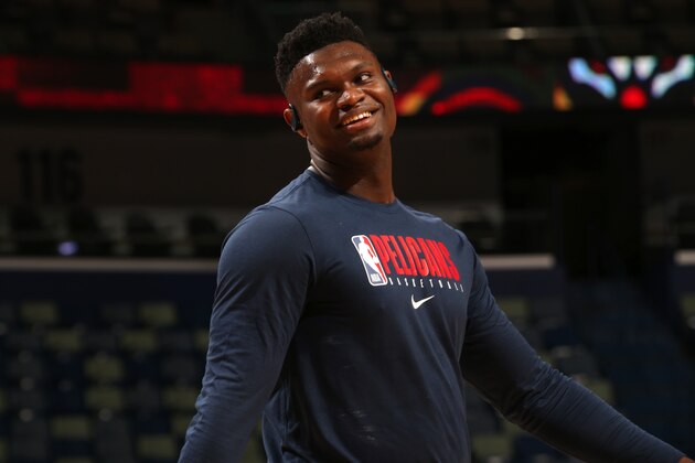NEW ORLEANS, LA - FEBRUARY 11: Zion Williamson #1 of the New Orleans Pelicans smiles before the game against the Portland Trail Blazers on February 11, 2020 at the Smoothie King Center in New Orleans, Louisiana. NOTE TO USER: User expressly acknowledges and agrees that, by downloading and or using this Photograph, user is consenting to the terms and conditions of the Getty Images License Agreement. Mandatory Copyright Notice: Copyright 2020 NBAE (Photo by Layne Murdoch Jr./NBAE via Getty Images)