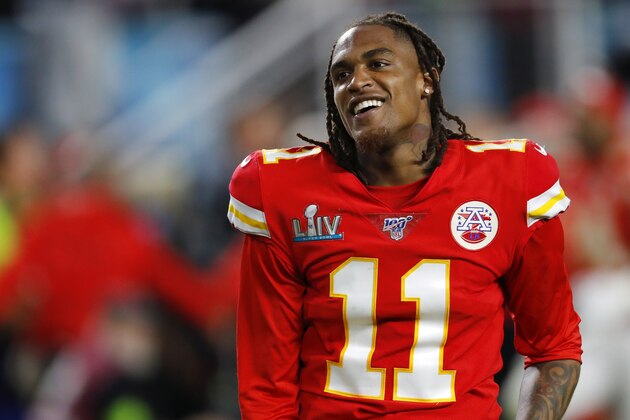 MIAMI, FLORIDA - FEBRUARY 02: Demarcus Robinson #11 of the Kansas City Chiefs celebrates after defeating the San Francisco 49ers in Super Bowl LIV at Hard Rock Stadium on February 02, 2020 in Miami, Florida. (Photo by Kevin C. Cox/Getty Images)