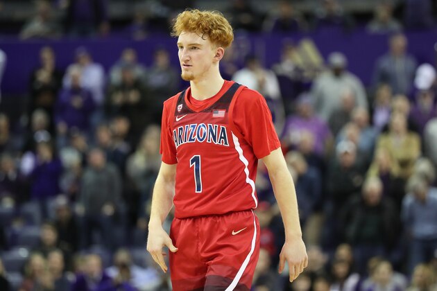 SEATTLE, WASHINGTON - JANUARY 30: Nico Mannion #1 of the Arizona Wildcats reacts in the second half against the Washington Huskies during their game at Hec Edmundson Pavilion on January 30, 2020 in Seattle, Washington. (Photo by Abbie Parr/Getty Images)