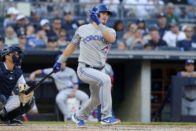 NEW YORK, NEW YORK - SEPTEMBER 21:   Reese McGuire #10 of the Toronto Blue Jays in action against the New York Yankees at Yankee Stadium on September 21, 2019 in New York City. The Yankees defeated the Blue Jays 7-2. (Photo by Jim McIsaac/Getty Images)