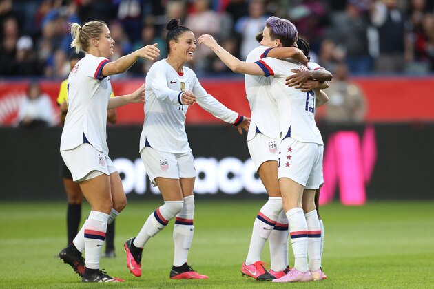 CARSON, CA - FEBRUARY 09: Megan Rapinoe #15 of USA celebrates with his team mates after scores 3rd goal for his team during the Final game between Canada and United States as part of the 2020 CONCACAF Women's Olympic Qualifying at Dignity Health Sports Park on February 9, 2020 in Carson, California. (Photo by Omar Vega/Getty Images)