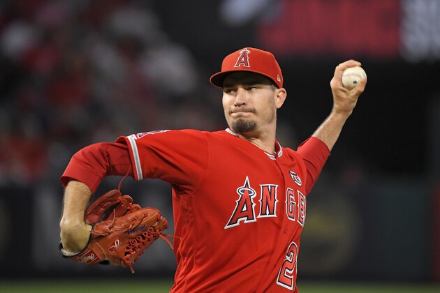 Los Angeles Angels starting pitcher Andrew Heaney throws during the first inning of the team's baseball game against the Tampa Bay Rays on Friday, Sept. 13, 2019, in Anaheim, Calif. (AP Photo/Mark J. Terrill)