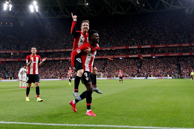 BILBAO, SPAIN - FEBRUARY 12: (L-R) Iker Muniain of Athletic Bilbao, Inaki Williams of Athletic Bilbao celebrate goal during the Spanish Copa del Rey  match between Athletic de Bilbao v Granada at the Estadio San Mames on February 12, 2020 in Bilbao Spain (Photo by David S. Bustamante/Soccrates/Getty Images)