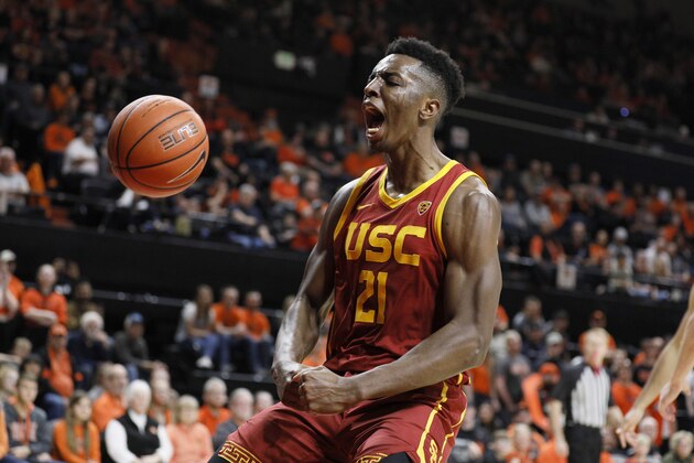 CORVALLIS, OREGON - JANUARY 25: Onyeka Okongwu #21 of the USC Trojans reacts after a dunk during the first half against the Oregon State Beavers at Gill Coliseum on January 25, 2020 in Corvallis, Oregon. (Photo by Soobum Im/Getty Images)