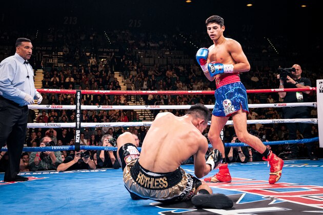 LAS VEGAS, NV - NOVEMBER 2: Ryan Garcia (R) knocks out Romero Duno (L) in round one during their fight at  the MGM Grand Garden Arena on November 2, 2019 in Las Vegas, Nevada. Garcia won the  NABO lightweight championship and the WBC silver lightweight championship  (Photo by Sye Williams/Getty Images)
