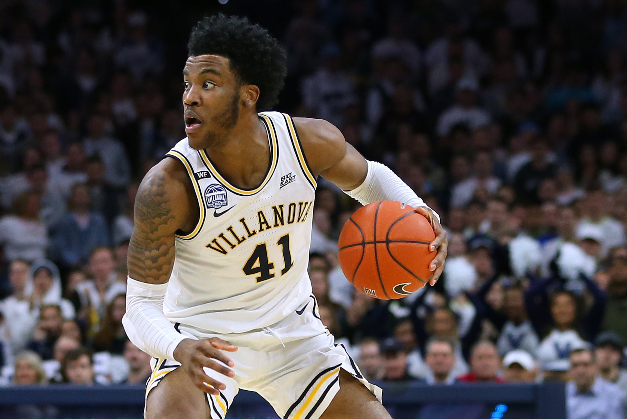 PHILADELPHIA, PA - FEBRUARY 08: Saddiq Bey #41 of the Villanova Wildcats in action against the Seton Hall Pirates during a college basketball game at Wells Fargo Center on February 8, 2020 in Philadelphia, Pennsylvania. Seton Hall defeated Villanova 70-64. (Photo by Rich Schultz/Getty Images)