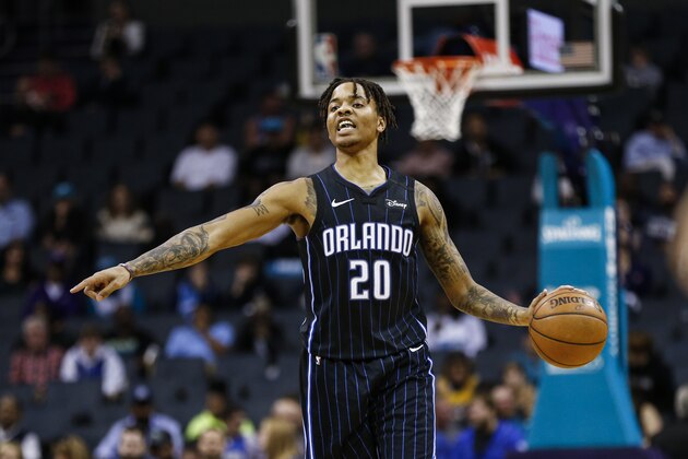 Orlando Magic guard Markelle Fultz brings the ball up court against the Charlotte Hornets in the second half of an NBA basketball game in Charlotte, N.C., Monday, Feb. 3, 2020. Orlando won 112-100. (AP Photo/Nell Redmond)
