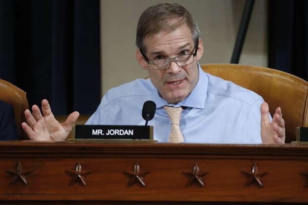 Rep. Jim Jordan, R-Ohio, questions Ambassador Kurt Volker, former special envoy to Ukraine, and Tim Morrison, a former official at the National Security Council, as they testify before the House Intelligence Committee on Capitol Hill in Washington, DC on November 19, 2019. (Photo by Jacquelyn Martin / POOL / AFP) (Photo by JACQUELYN MARTIN/POOL/AFP via Getty Images)
