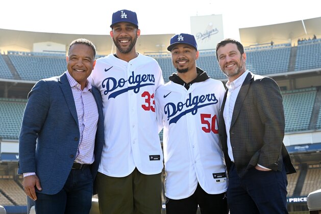 LOS ANGELES, CA - FEBRUARY 12: Manager Dave Roberts newly acquired Los Angeles Dodgers David Price #33 fand Mookie Betts #50 and general manager Andrew Friedman pose for a photo during the introductory press conference at Dodger Stadium on February 12, 2020 in Los Angeles, California. (Photo by Jayne Kamin-Oncea/Getty Images)