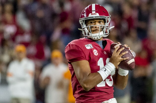 Alabama quarterback Tua Tagovailoa (13) during the first half of an NCAA college football game against Tennessee, Saturday, Oct. 19, 2019, in Tuscaloosa, Ala. (AP Photo/Vasha Hunt)