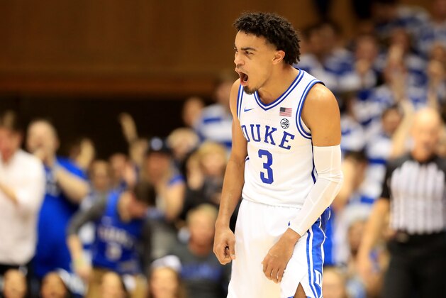 DURHAM, NORTH CAROLINA - FEBRUARY 10: Tre Jones #3 of the Duke Blue Devils reacts after a play against the Florida State Seminoles during their game at Cameron Indoor Stadium on February 10, 2020 in Durham, North Carolina. (Photo by Streeter Lecka/Getty Images)