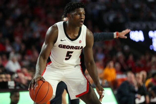 ATHENS, GA - JANUARY 15: Anthony Edwards #5 of the Georgia Bulldogs controls the ball during the second half of a game against the Tennessee Volunteers at Stegeman Coliseum on January 15, 2020 in Athens, Georgia. (Photo by Carmen Mandato/Getty Images)