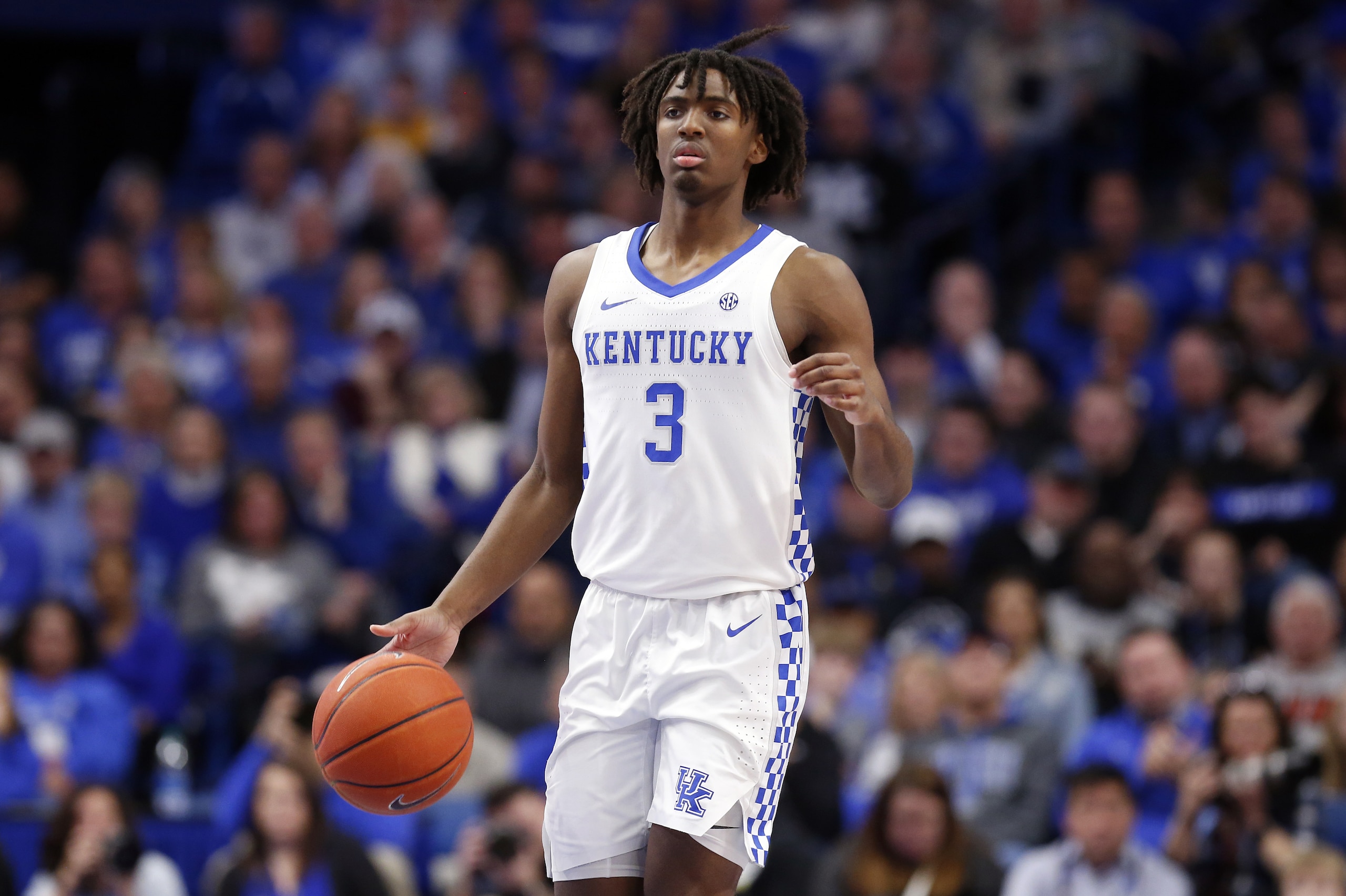 Kentucky's Tyrese Maxey (3) plays during the second half of an NCAA college basketball game against Vanderbilt in Lexington, Ky., Wednesday, Jan 29, 2020. Kentucky won 71-62. (AP Photo/James Crisp)