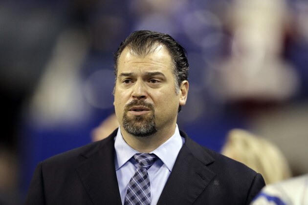 FILE- In this Dec. 11, 2016, file photo, Indianapolis Colts general manager Ryan Grigson watches before the start of an NFL football game between the Colts and the Houston Texans in Indianapolis. The Colts fired Grigson on Saturday, Jan. 21, 2017.  (AP Photo/Darron Cummings)