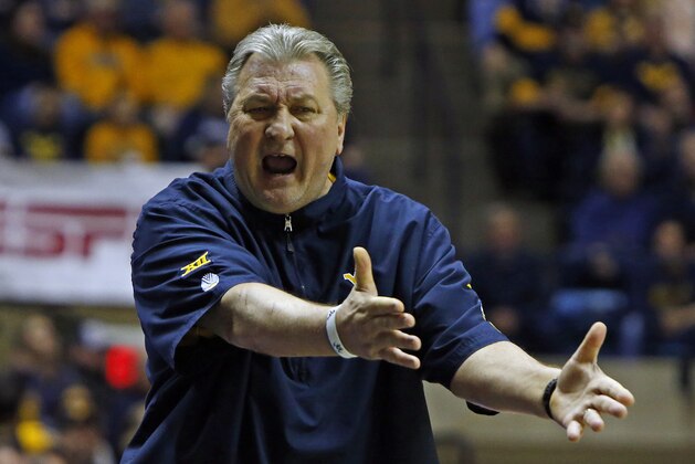 MORGANTOWN, WV - FEBRUARY 01:  Head coach Bob Huggins of the West Virginia Mountaineers yells at the referee against the Kansas State Wildcats at the WVU Coliseum on February 1, 2020 in Morgantown, West Virginia.  (Photo by Justin K. Aller/Getty Images)