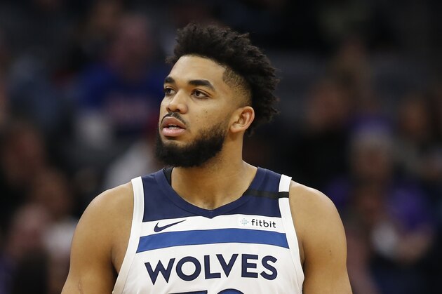 Minnesota Timberwolves center Karl-Anthony Towns during the second half of an NBA basketball game against the Sacramento Kings in Sacramento, Calif., Monday, Feb. 3, 2020. The Kings won 113-109. (AP Photo/Rich Pedroncelli) Minnesota Timberwolves center Karl-Anthony Towns during the second half of an NBA basketball game against the Sacramento Kings in Sacramento, Calif., Monday, Feb. 3, 2020. The Kings won 113-109. (AP Photo/Rich Pedroncelli)