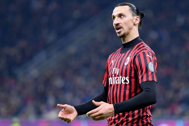 AC Milan's Swedish forward Zlatan Ibrahimovic reacts during the Italian Cup (Coppa Italia) semi-final first leg football match AC Milan vs Juventus Turin on February 13, 2020 at the San Siro stadium in Milan. (Photo by Alberto PIZZOLI / AFP) (Photo by ALBERTO PIZZOLI/AFP via Getty Images)