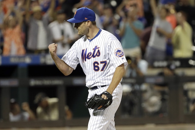 New York Mets relief pitcher Seth Lugo reacts after the last out of a baseball game against the Washington Nationals, Saturday, Aug. 10, 2019, in New York. (AP Photo/Seth Wenig)