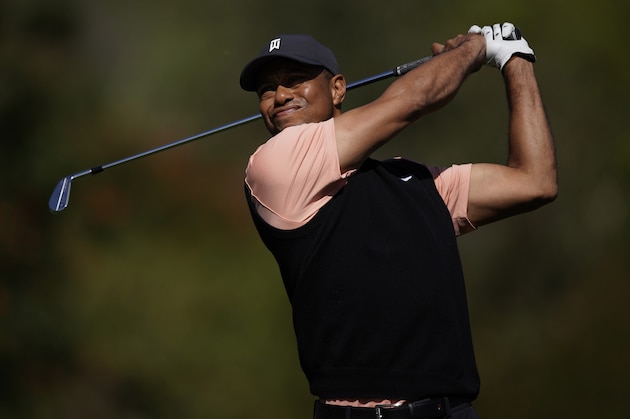 Tiger Woods tees off on the fourth hole during the first round of the Genesis Invitational golf tournament at Riviera Country Club, Thursday, Feb. 13, 2020, in the Pacific Palisades area of Los Angeles. (AP Photo/Ryan Kang)