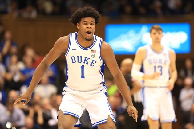 DURHAM, NORTH CAROLINA - JANUARY 21: Vernon Carey Jr. #1 of the Duke Blue Devils reacts after a play against the Miami (Fl) Hurricanes at Cameron Indoor Stadium on January 21, 2020 in Durham, North Carolina. (Photo by Streeter Lecka/Getty Images)