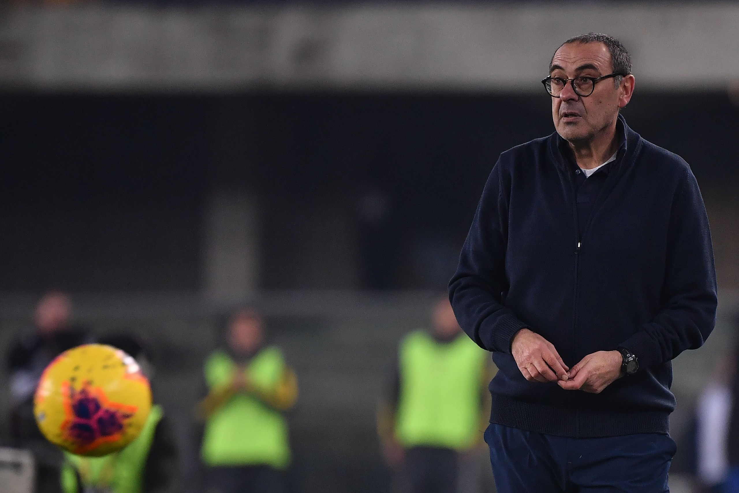 Juventus' coach Maurizio Sarri from Italy looks on during the Italian Serie A football match Hellas Verona vs Juventus on February 8, 2020, at the Marcantonio Bentegodi stadium in Verona. (Photo by MARCO BERTORELLO / AFP) (Photo by MARCO BERTORELLO/AFP via Getty Images)