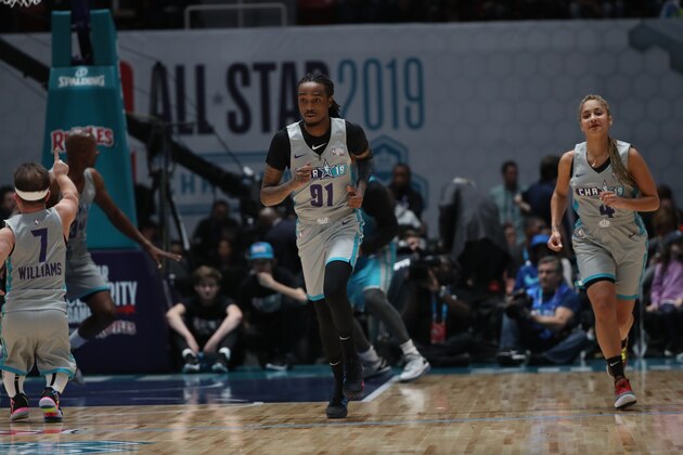 CHARLOTTE, NC - FEBRUARY 15: Quavo #91 runs up the court during the 2019 NBA All-Star Celebrity Game on February 15, 2019 at Bojangles Coliseum in Charlotte, North Carolina. NOTE TO USER: User expressly acknowledges and agrees that, by downloading and or using this photograph, User is consenting to the terms and conditions of the Getty Images License Agreement. Mandatory Copyright Notice: Copyright 2019 NBAE (Photo by Joe Murphy/NBAE via Getty Images)