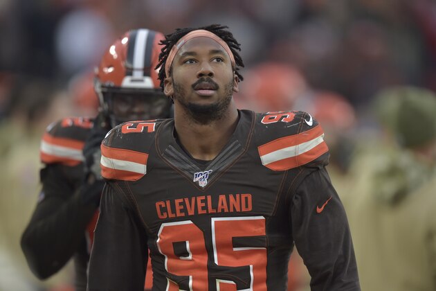 Cleveland Browns defensive end Myles Garrett reacts during an NFL football game against the Buffalo Bills, Sunday, Nov. 10, 2019, in Cleveland. The Browns won 19-16. (AP Photo/David Richard)