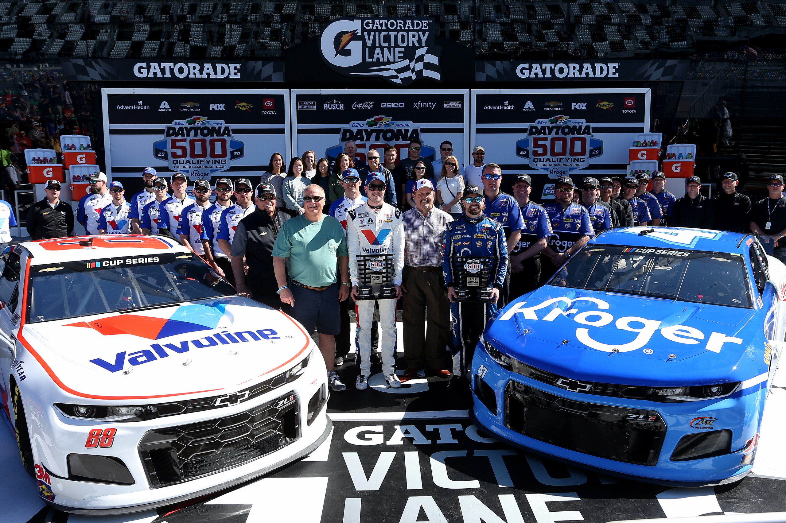 DAYTONA BEACH, FLORIDA - FEBRUARY 09: Ricky Stenhouse Jr., driver of the #47 Kroger Chevrolet, and Alex Bowman, driver of the #88 Valvoline Chevrolet, pose with the front row awards following qualifying for the NASCAR Cup Series 62nd Annual Daytona 500 at Daytona International Speedway on February 09, 2020 in Daytona Beach, Florida. Stenhouse Jr. posted the quickest lap during qualifying and will lead the field to the green flag. (Photo by Brian Lawdermilk/Getty Images) DAYTONA BEACH, FLORIDA - FEBRUARY 09: Ricky Stenhouse Jr., driver of the #47 Kroger Chevrolet, and Alex Bowman, driver of the #88 Valvoline Chevrolet, pose with the front row awards following qualifying for the NASCAR Cup Series 62nd Annual Daytona 500 at Daytona International Speedway on February 09, 2020 in Daytona Beach, Florida. Stenhouse Jr. posted the quickest lap during qualifying and will lead the field to the green flag. (Photo by Brian Lawdermilk/Getty Images)