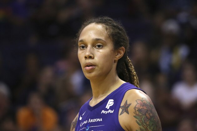 Phoenix Mercury center Brittney Griner pauses on the court during the second half of a WNBA basketball game against the Seattle Storm Tuesday, Sept. 3, 2019, in Phoenix. The Storm defeated the Mercury 82-70. (AP Photo/Ross D. Franklin)