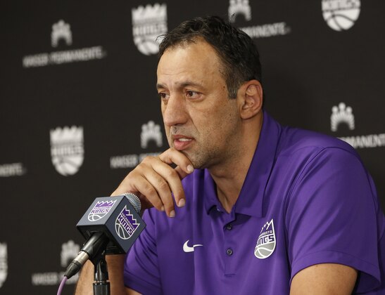Sacramento Kings general manager Vlade Divac answers questions concerning the decision to fire coach Dave Joerger, Thursday, April 11, 2019, in Sacramento, Calif. Divac said he had been contemplating the decision to change coaches for a while and ultimately made it after the NBA basketball team stumbled to the finish with a 9-16 record after the All-Star break. (AP Photo/Rich Pedroncelli)
