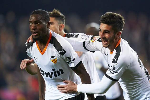 VALENCIA, SPAIN - FEBRUARY 14: Geoffrey Kondogbia of Valencia CF celebrates after scoring his team's second goal during the La Liga match between Valencia CF and Club Atletico de Madrid at Estadio Mestalla on February 14, 2020 in Valencia, Spain. (Photo by Mateo Villalba/Quality Sport Images/Getty Images)