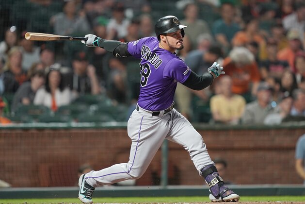 SAN FRANCISCO, CALIFORNIA - SEPTEMBER 25: Nolan Arenado #28 of the Colorado Rockies bats against the San Francisco Giants in the top of the third inning at Oracle Park on September 25, 2019 in San Francisco, California. (Photo by Thearon W. Henderson/Getty Images)