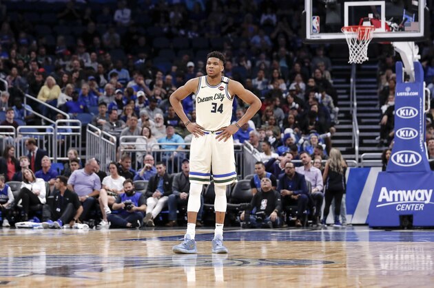 ORLANDO, FL - FEBRUARY 8: Giannis Antetokounmpo #34 of the Milwaukee Bucks during the game against the Orlando Magic at the Amway Center on February 8, 2020 in Orlando, Florida. The Bucks defeated the Magic 112 to 95. NOTE TO USER: User expressly acknowledges and agrees that, by downloading and or using this photograph, User is consenting to the terms and conditions of the Getty Images License Agreement. (Photo by Don Juan Moore/Getty Images)